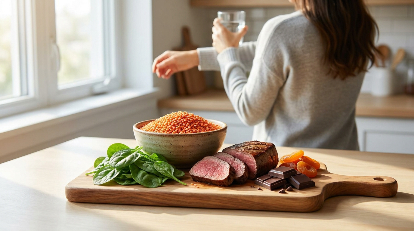 Une planche en bois avec des lentilles, des épinards, du bœuf, du chocolat noir et des abricots secs.