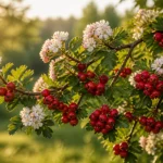 Branche daubepine aux baies rouges et fleurs