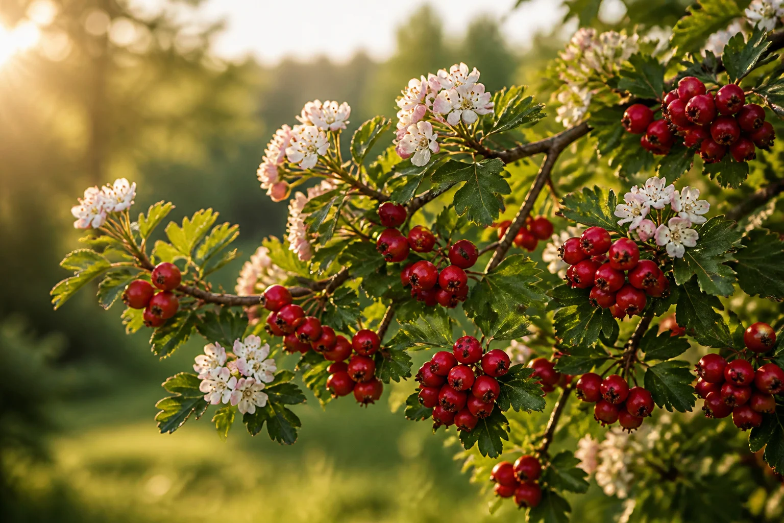 Branche daubepine aux baies rouges et fleurs