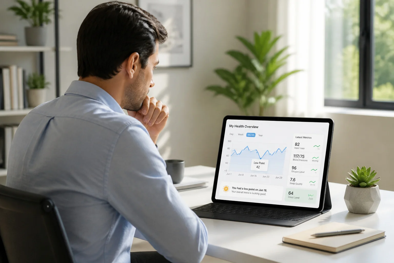 Homme analysant ses donnees de sante sur tablette