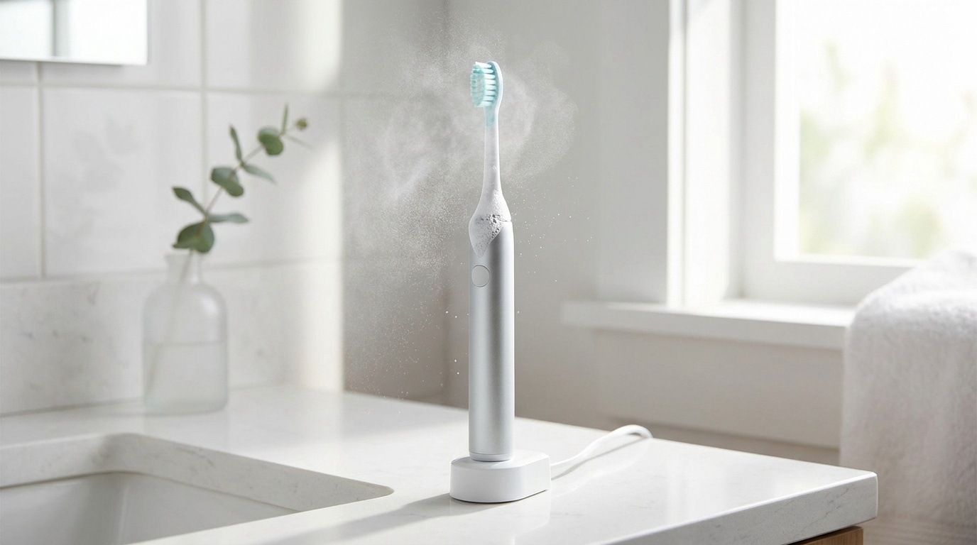 Brosse à dents électrique argentée sur son socle de chargement dans une salle de bain lumineuse avec un jet de vapeur.