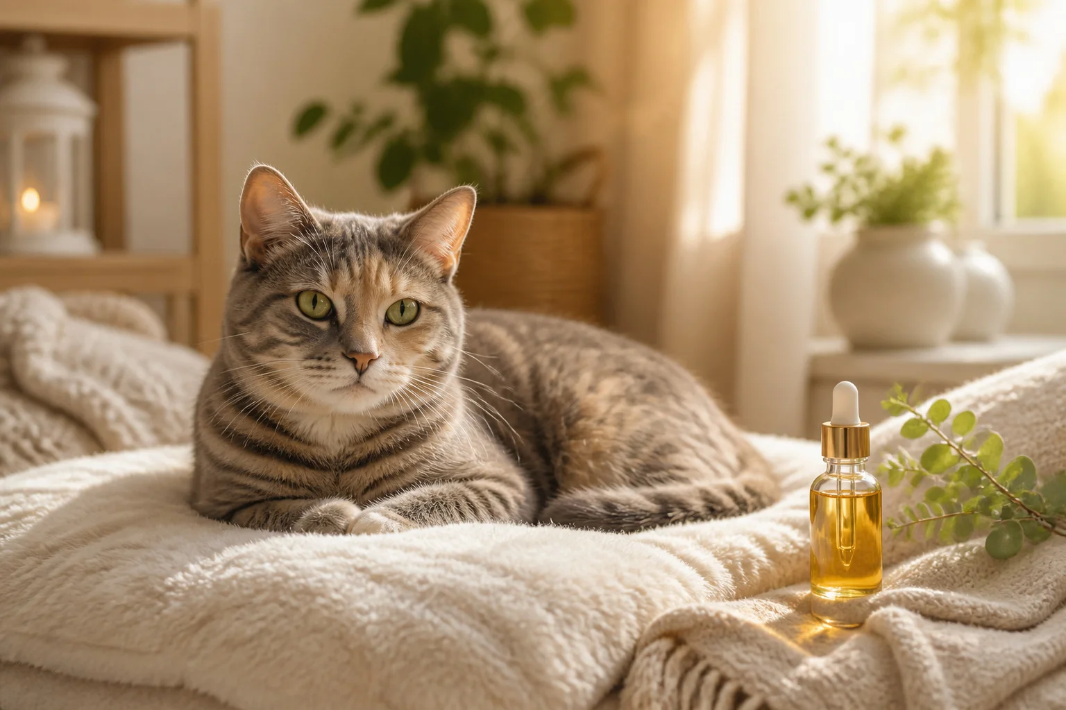 Chat paisible et huile naturelle