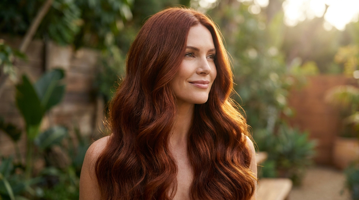 Femme souriante avec de longs cheveux roux ondulés et brillants en extérieur.