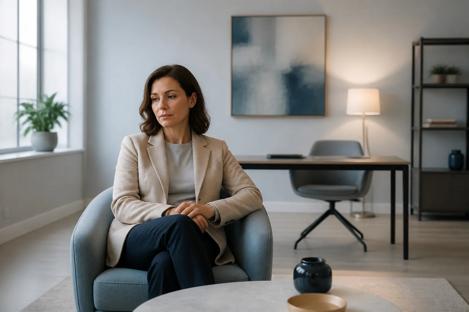 Reflexion dune femme dans un bureau moderne