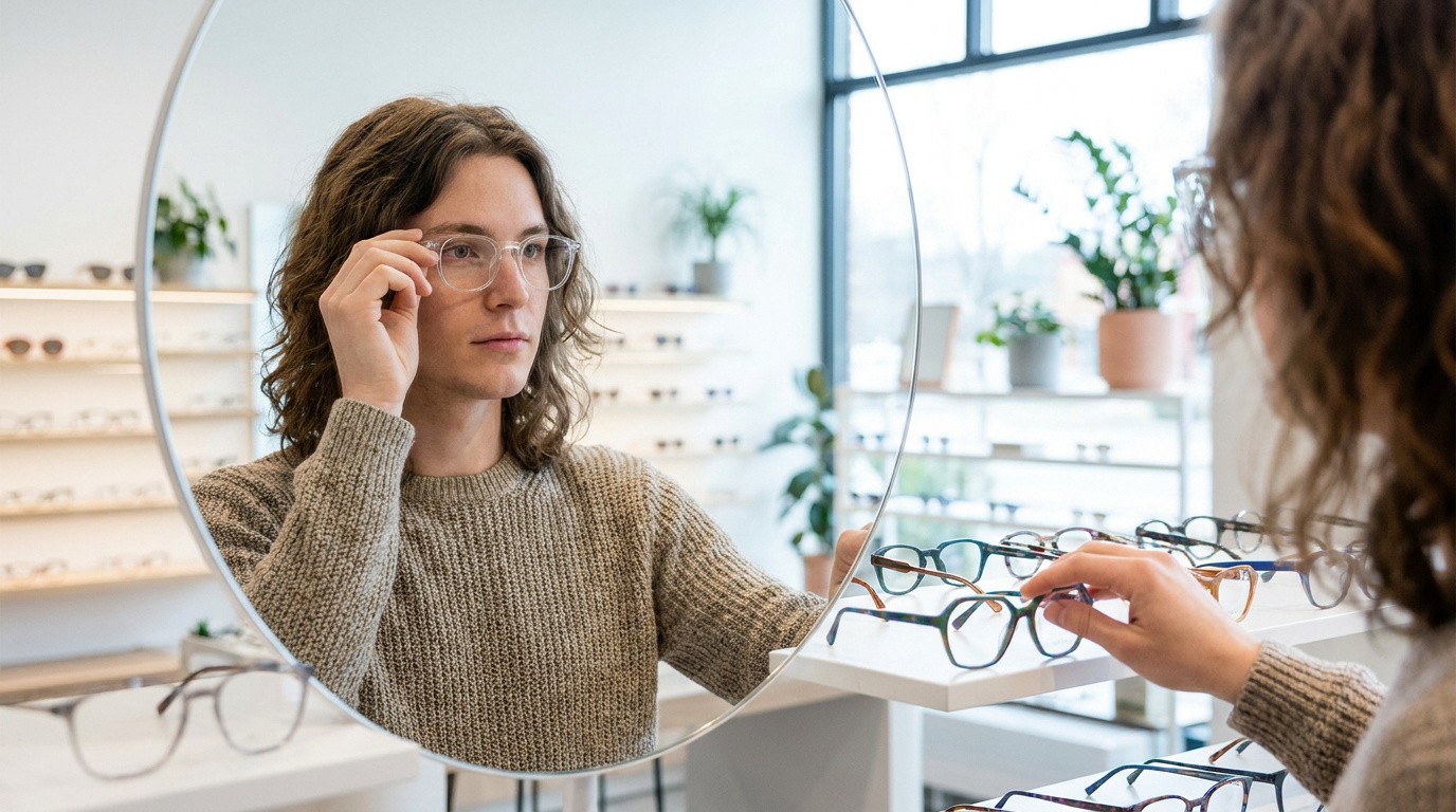 Un jeune homme aux cheveux longs essaie des lunettes transparentes devant un miroir dans une boutique d'optique.