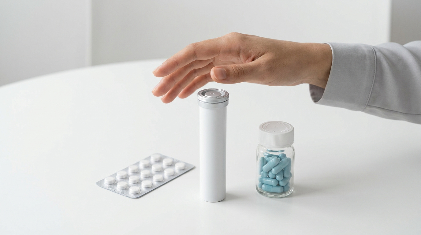 Une main au-dessus d'un tube de médicaments à côté d'une plaquette de comprimés et d'un flacon de gélules bleues.