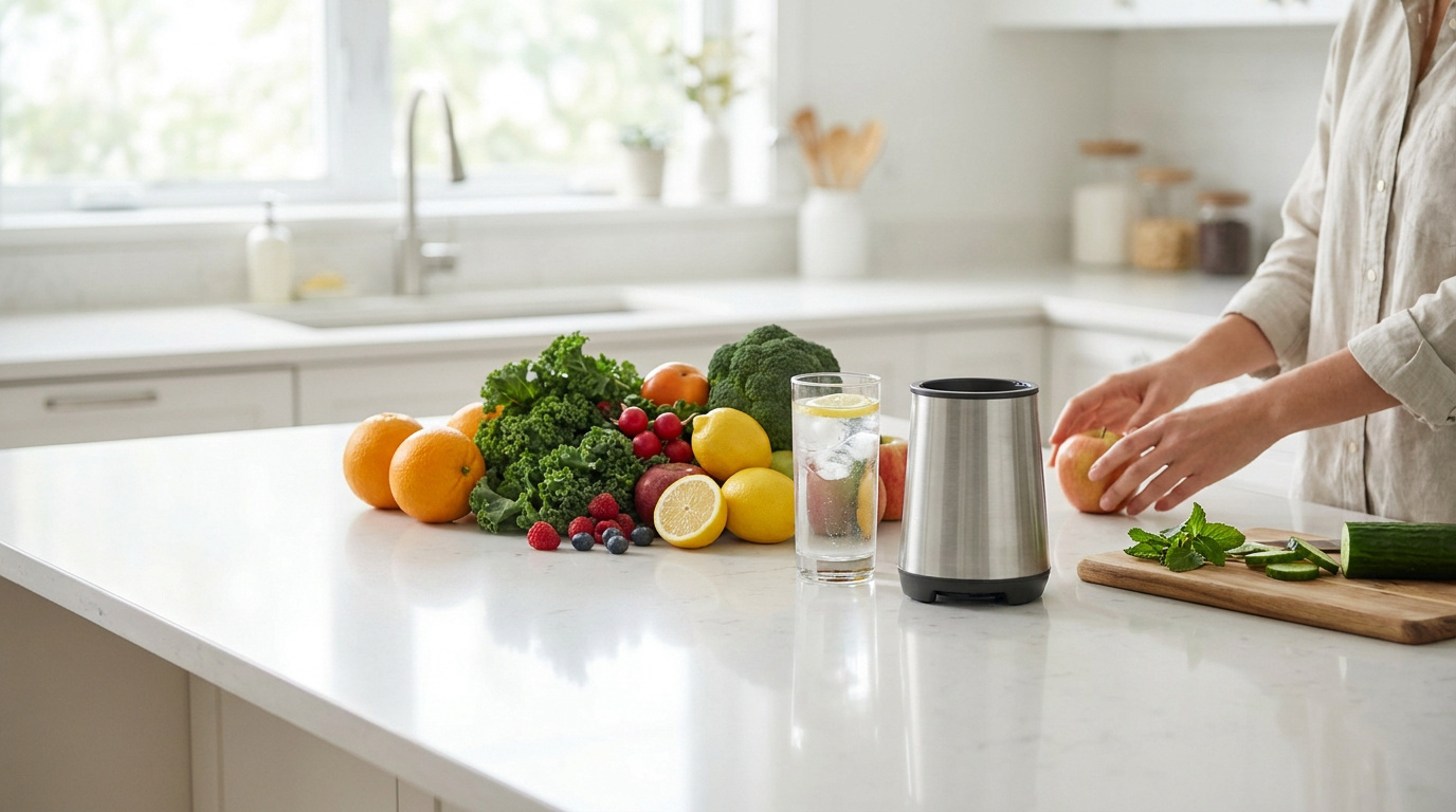 Une personne prépare des fruits et légumes frais sur un plan de travail de cuisine moderne.