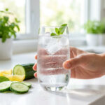 Une main tient un verre d'eau pétillante avec de la menthe, des rondelles de concombre et du citron sur le plan de travail.