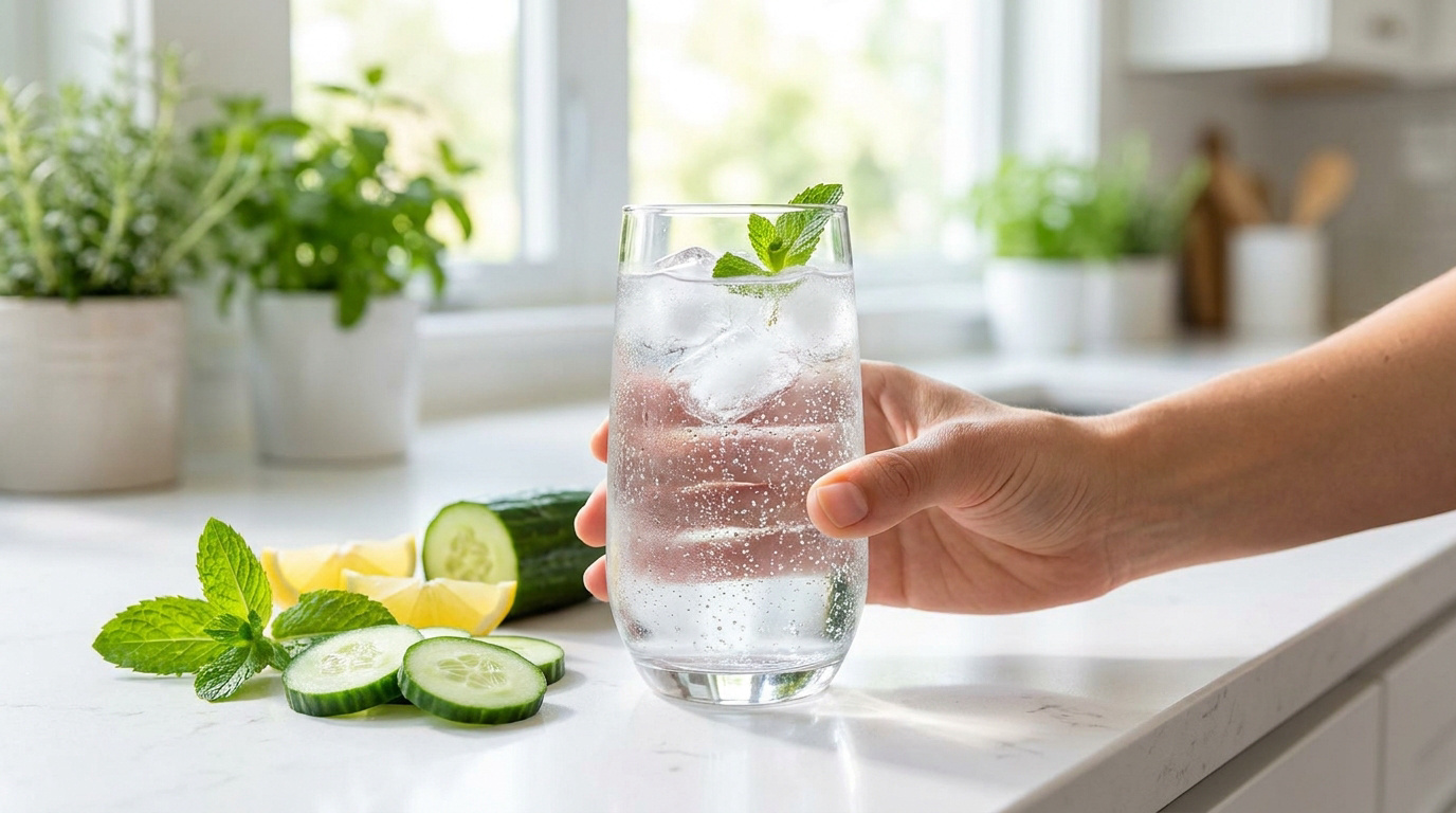 Une main tient un verre d'eau pétillante avec de la menthe, des rondelles de concombre et du citron sur le plan de travail.
