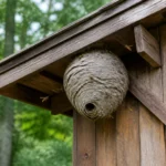 Nid de guepes sur un cabanon en bois