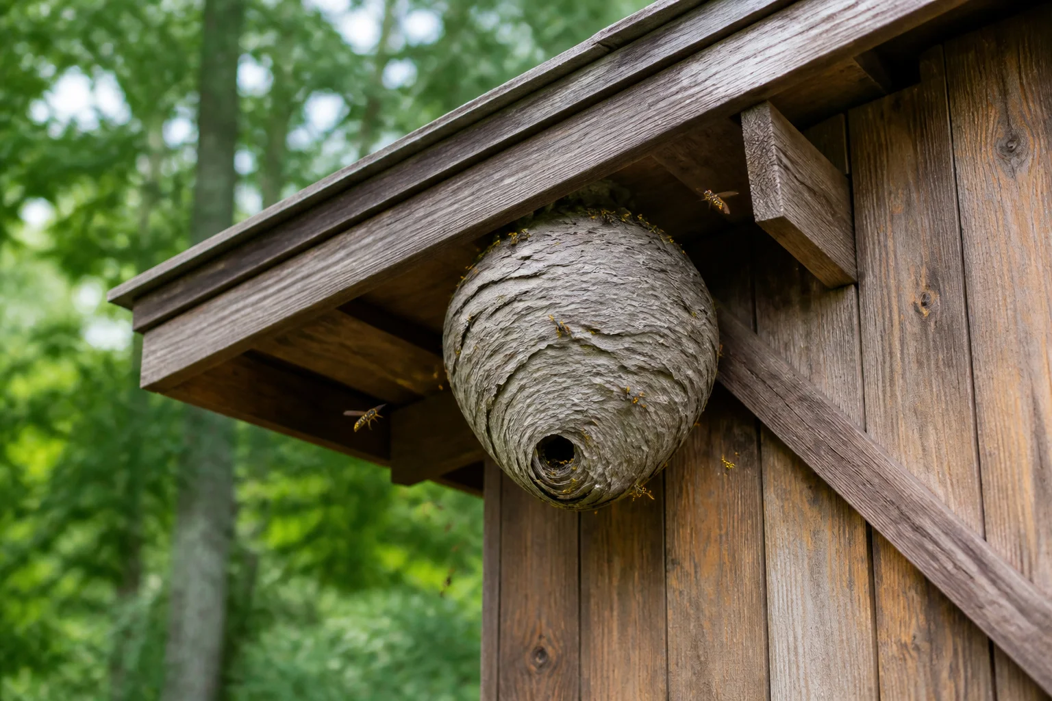 Nid de guepes sur un cabanon en bois