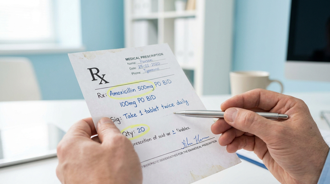 Gros plan sur les mains d'un professionnel de santé pointant une ordonnance avec des abréviations médicales.
