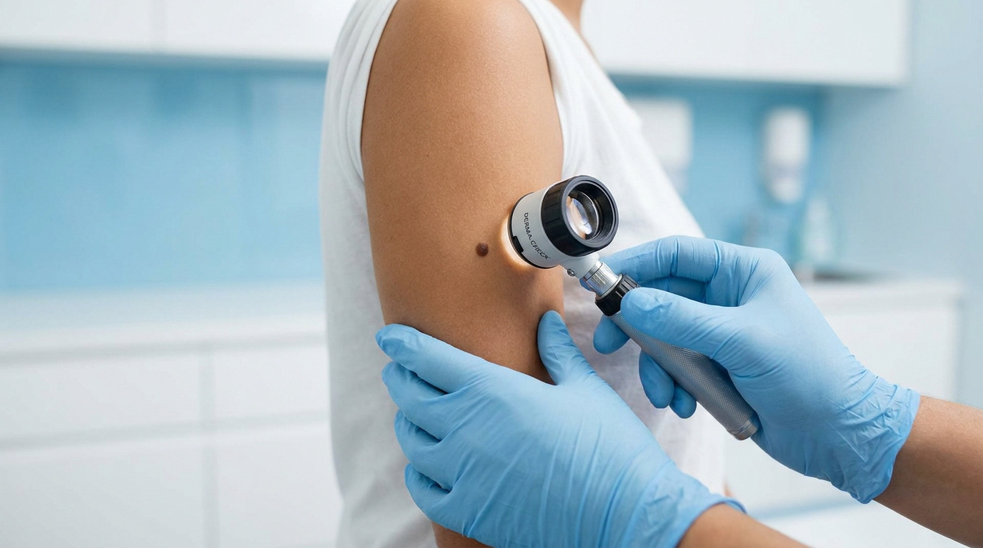 Un dermatologue examine le grain de beauté d'un patient avec un dermatoscope dans un cabinet médical.