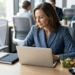 Une femme d'affaires travaille sur son ordinateur avec un repas sain et une pompe à insuline sur son bureau.