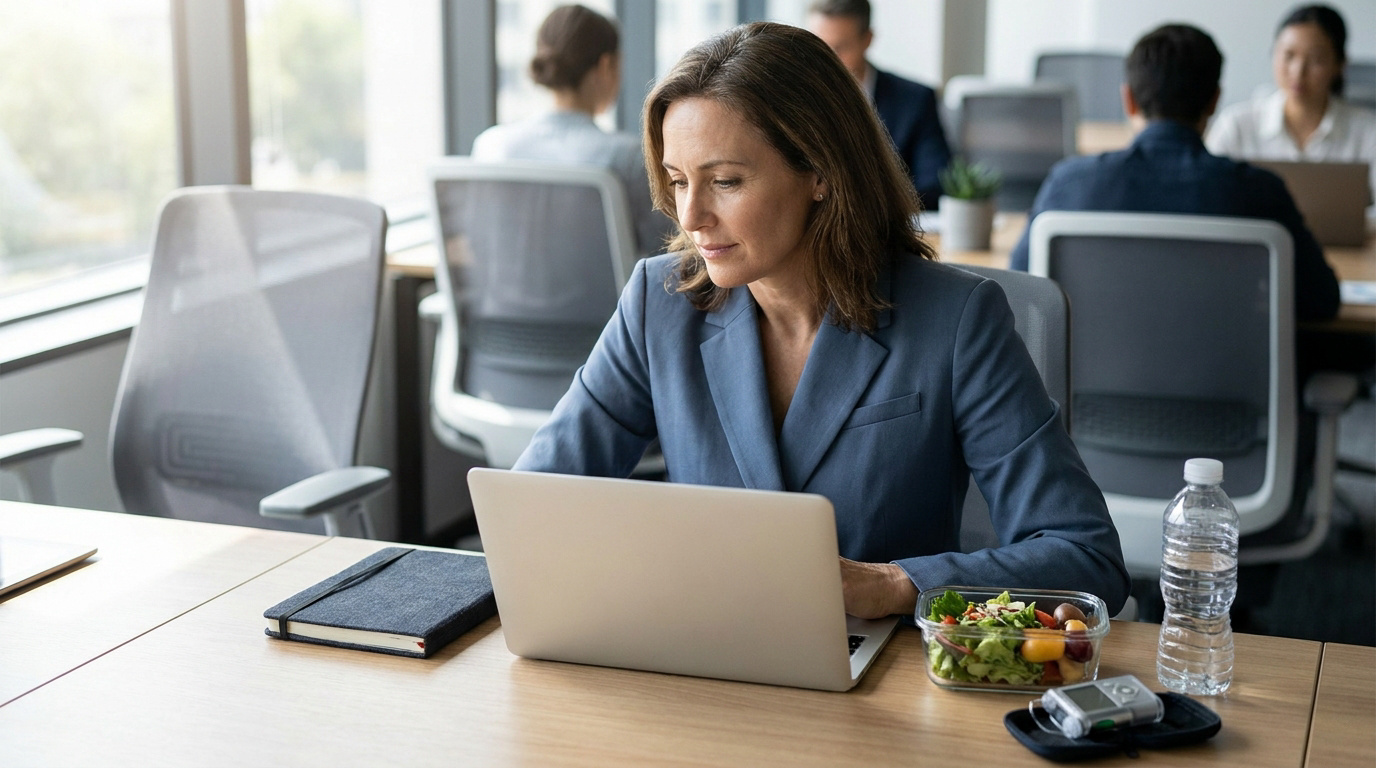 Une femme d'affaires travaille sur son ordinateur avec un repas sain et une pompe à insuline sur son bureau.