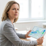 Femme d'affaires attentive examinant un graphique de santé sur une tablette numérique.