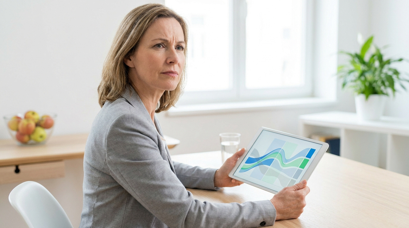 Femme d'affaires attentive examinant un graphique de santé sur une tablette numérique.