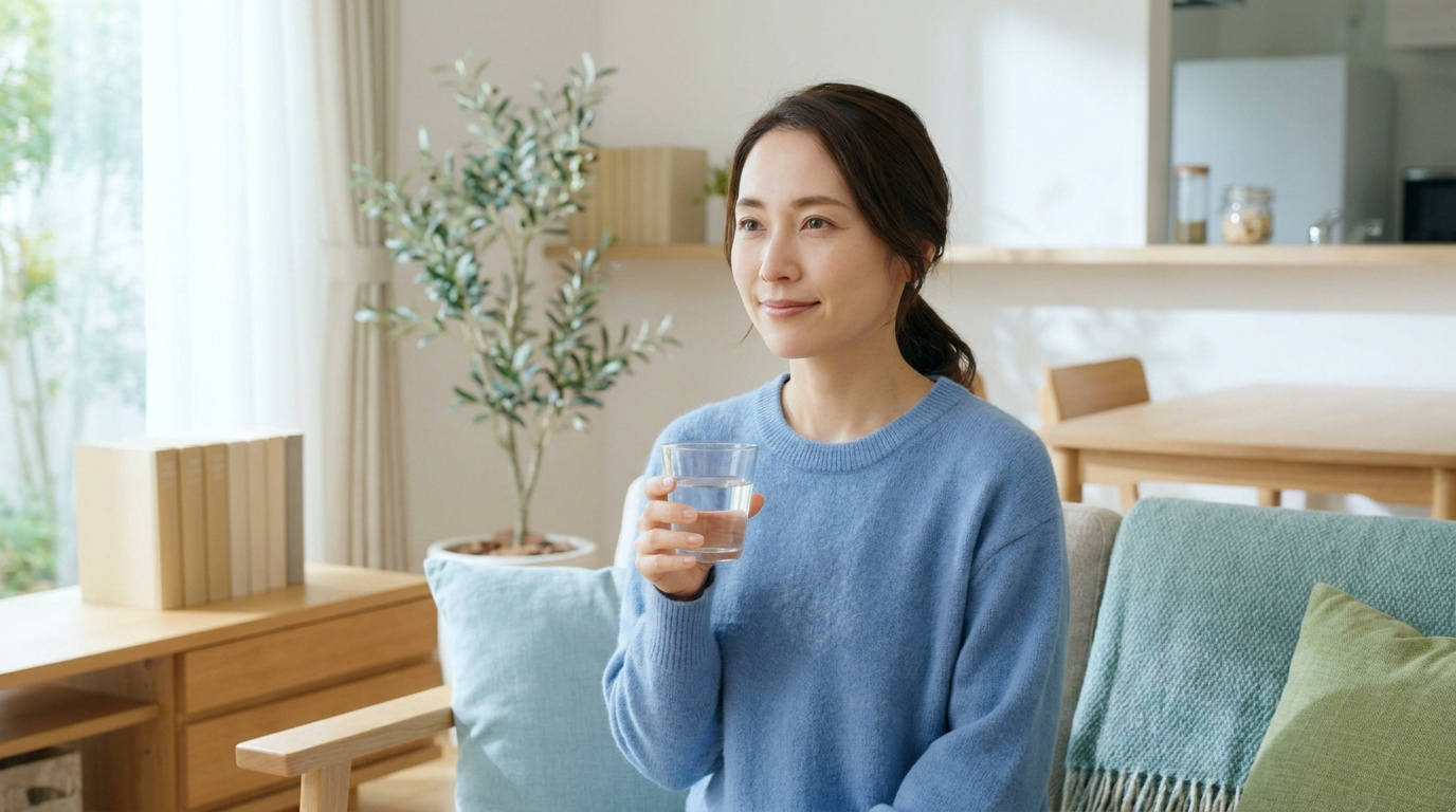 Une femme souriante assise sur un canapé tenant un verre d'eau dans un salon lumineux.