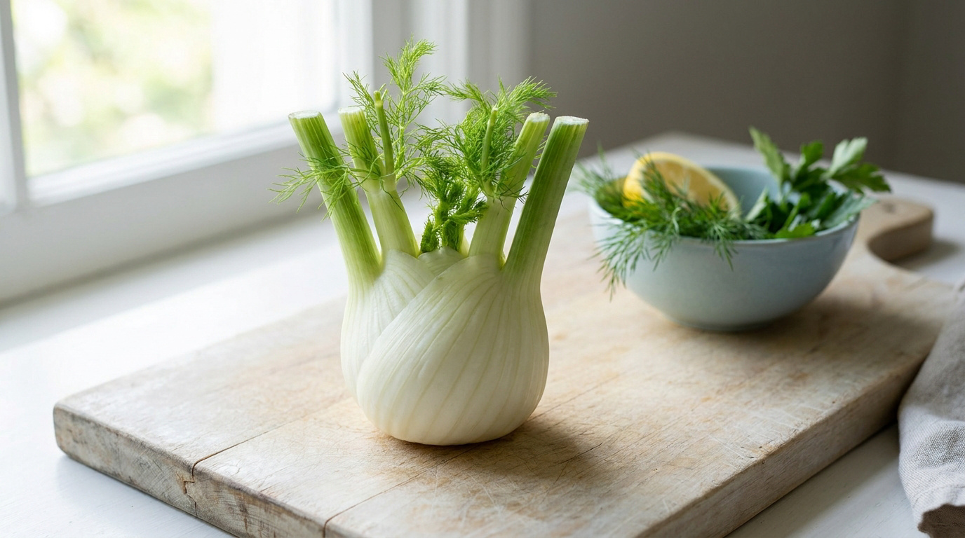 Un bulbe de fenouil frais posé sur une planche à découper en bois près d'un bol avec des herbes et du citron.