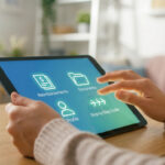 Personne utilisant une interface numérique sur une tablette pour gérer ses démarches de santé.