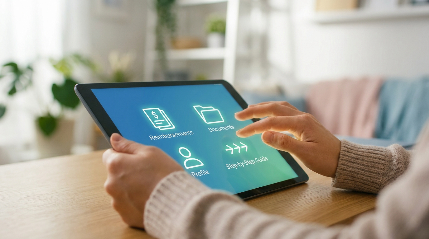 Personne utilisant une interface numérique sur une tablette pour gérer ses démarches de santé.