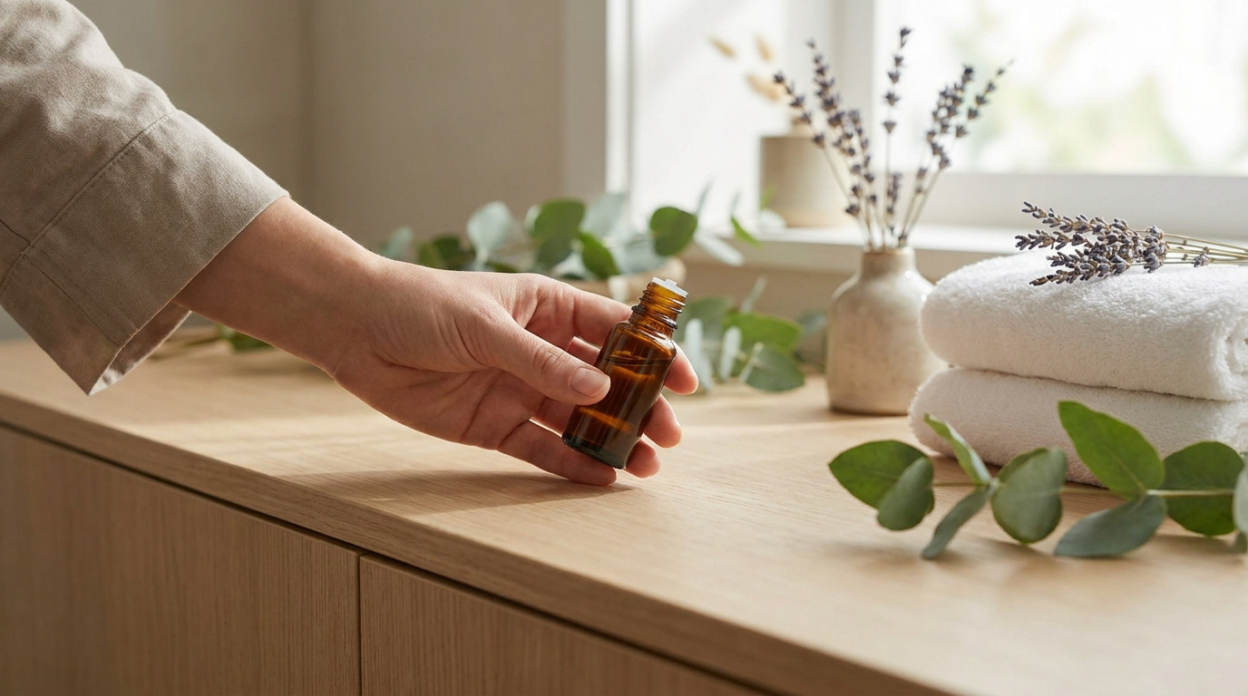 Une main tient un flacon d'huile essentielle sur une table avec des serviettes, de l'eucalyptus et de la lavande.