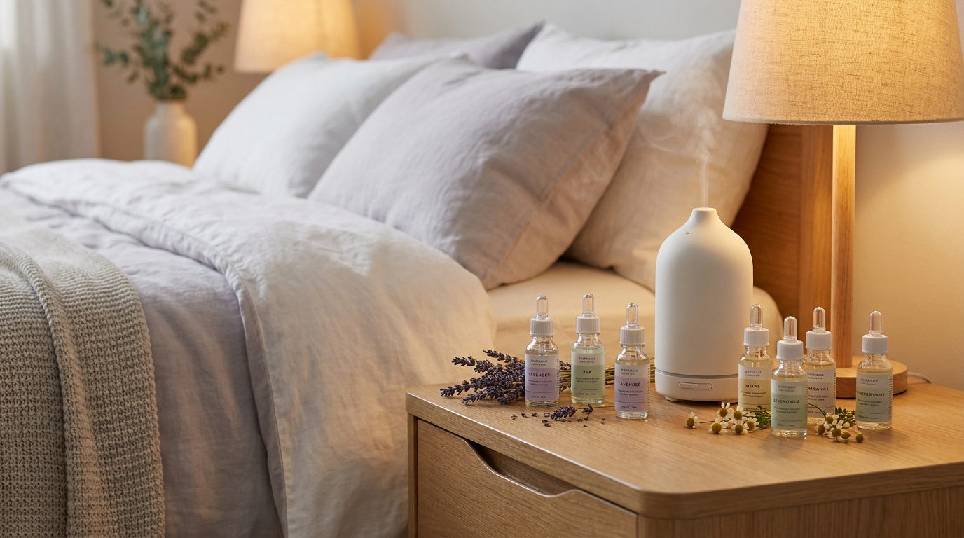 Diffuseur d'huiles essentielles et flacons sur une table de chevet près d'un lit douillet dans une chambre apaisante.