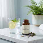 Un verre d'eau citronnée et un flacon de complément alimentaire D-Mannose et canneberge sur un comptoir en marbre.