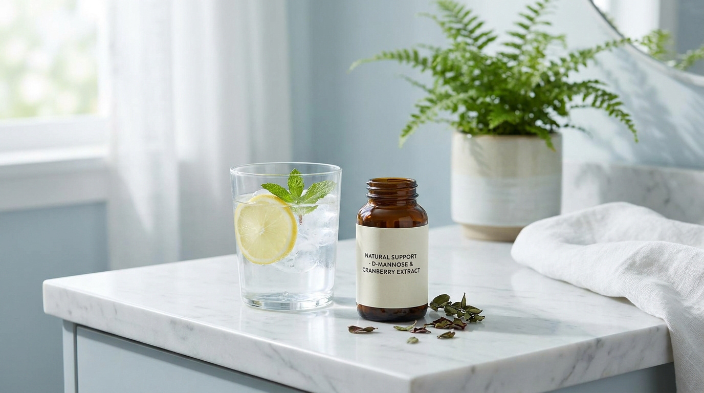 Un verre d'eau citronnée et un flacon de complément alimentaire D-Mannose et canneberge sur un comptoir en marbre.