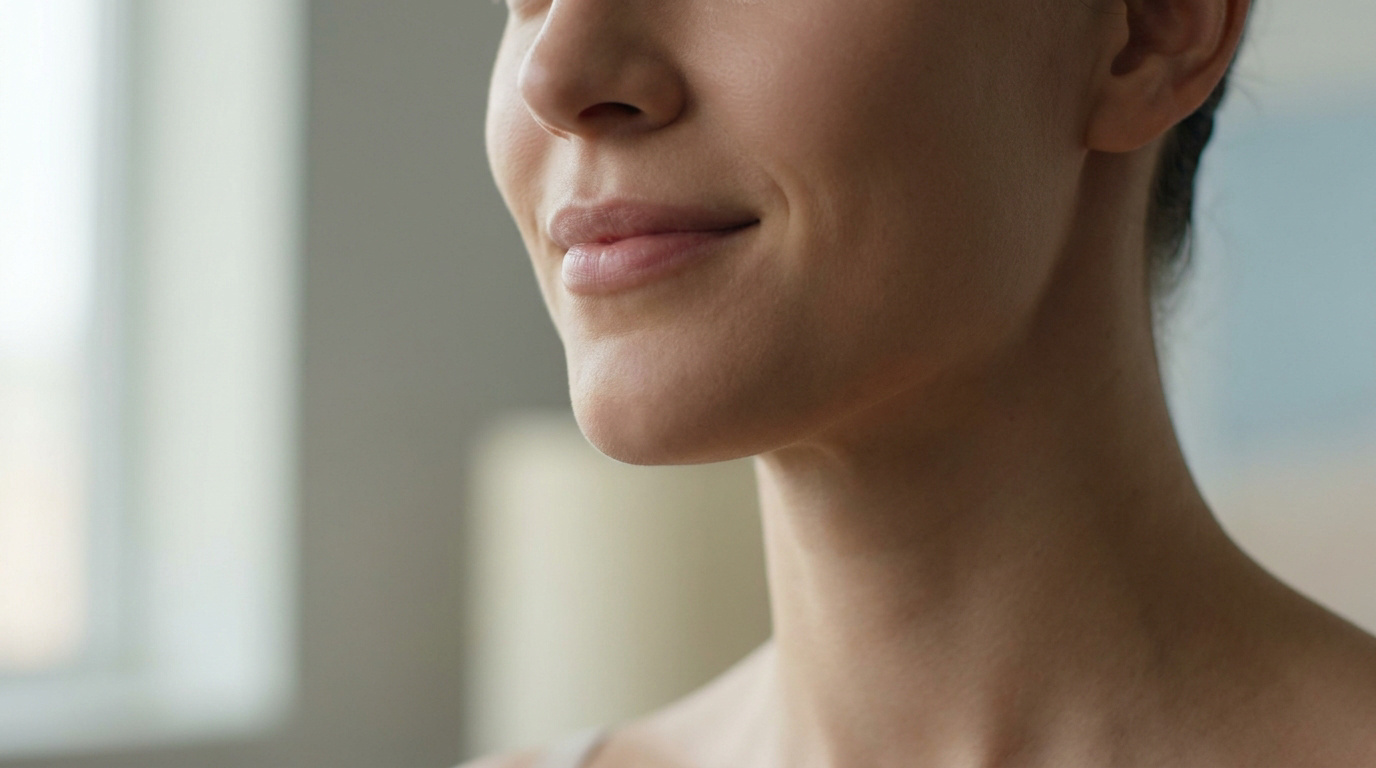 Gros plan sur le bas du visage et la mâchoire d'une femme à la peau lisse et naturelle.