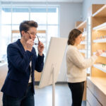 Une cliente essaye une paire de lunettes devant un miroir dans une boutique d'optique moderne et lumineuse.