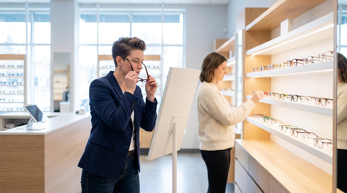 Une cliente essaye une paire de lunettes devant un miroir dans une boutique d'optique moderne et lumineuse.