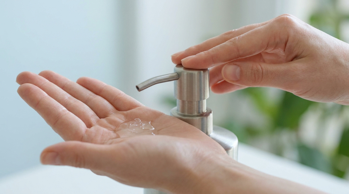 Une personne utilisant un distributeur de gel hydroalcoolique dans le creux de sa main.