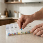 Une personne remplit un pilulier hebdomadaire avec des médicaments colorés dans une cuisine lumineuse.