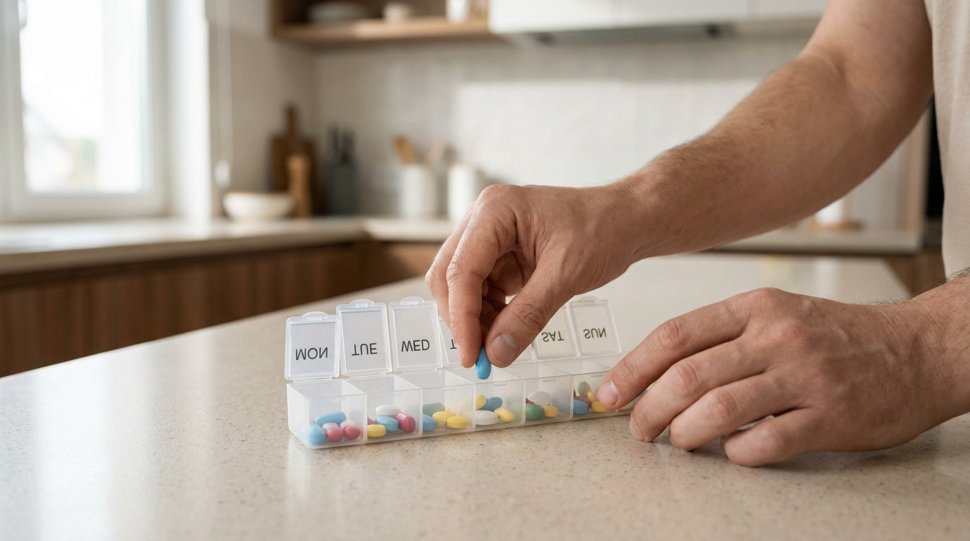 Une personne remplit un pilulier hebdomadaire avec des médicaments colorés dans une cuisine lumineuse.