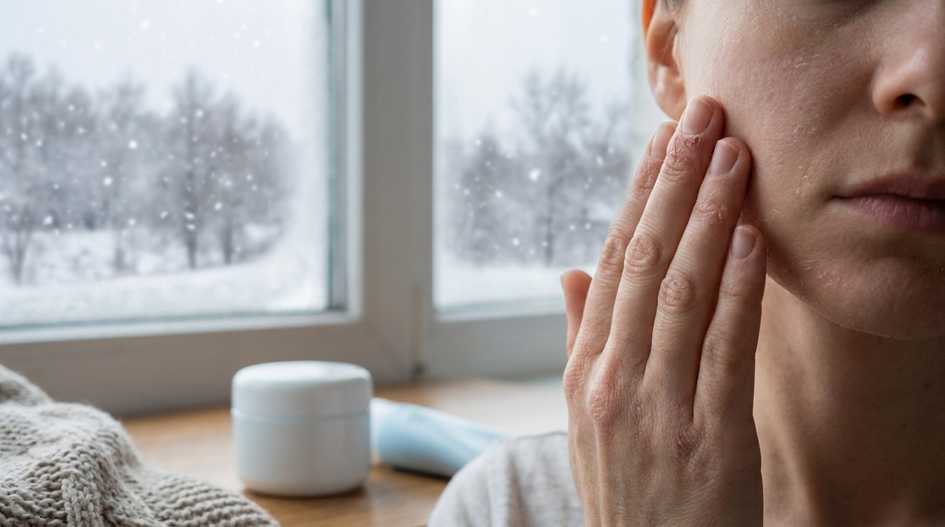 Gros plan sur une femme touchant sa joue sèche avec des flocons de neige visibles par la fenêtre en arrière-plan.