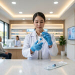 Une pharmacienne en blouse blanche tenant un flacon de vaccin avec une seringue sur le comptoir.