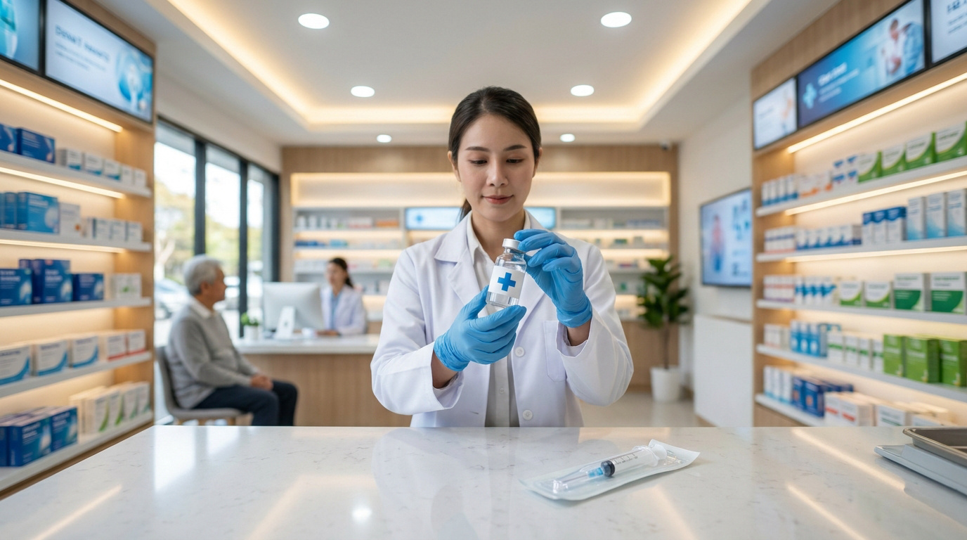 Une pharmacienne en blouse blanche tenant un flacon de vaccin avec une seringue sur le comptoir.