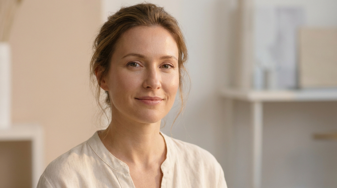 Portrait d'une femme souriante à la peau lisse et lumineuse, regardant directement l'objectif dans un cadre neutre.