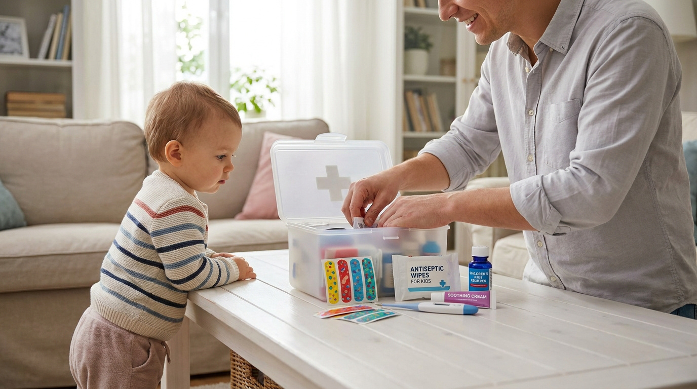 Un père montre à son jeune enfant le contenu d'une trousse de premiers secours posée sur une table de salon.