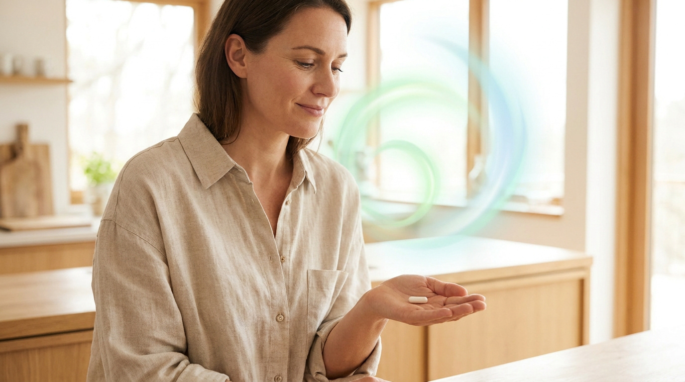 Une femme souriante tient une gélule de probiotique dans sa main avec un effet visuel de tourbillon lumineux en arrière-plan.