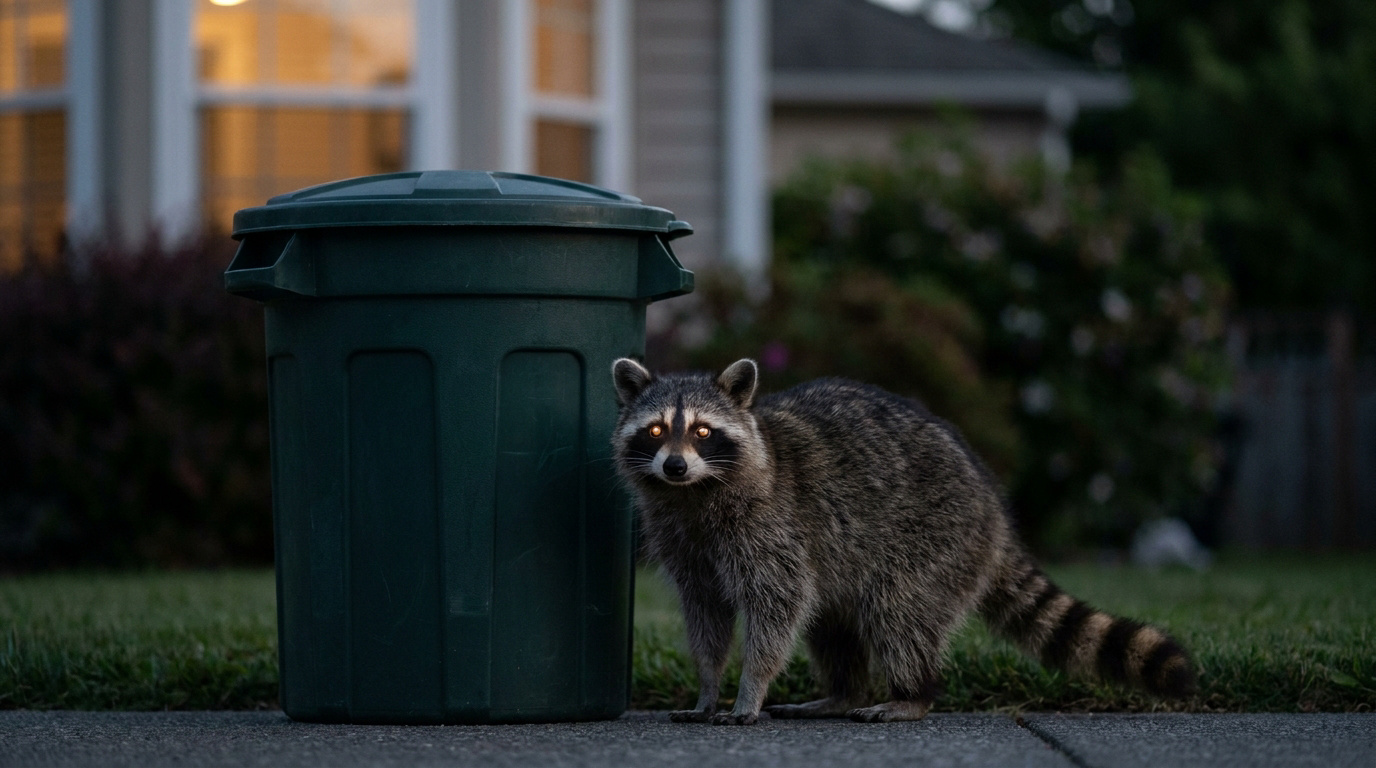 Un raton laveur aux yeux brillants se tient près d'une poubelle verte dans une allée résidentielle la nuit.