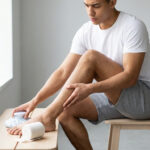 Un jeune homme applique une poche de glace sur son mollet douloureux pour soulager une blessure musculaire.