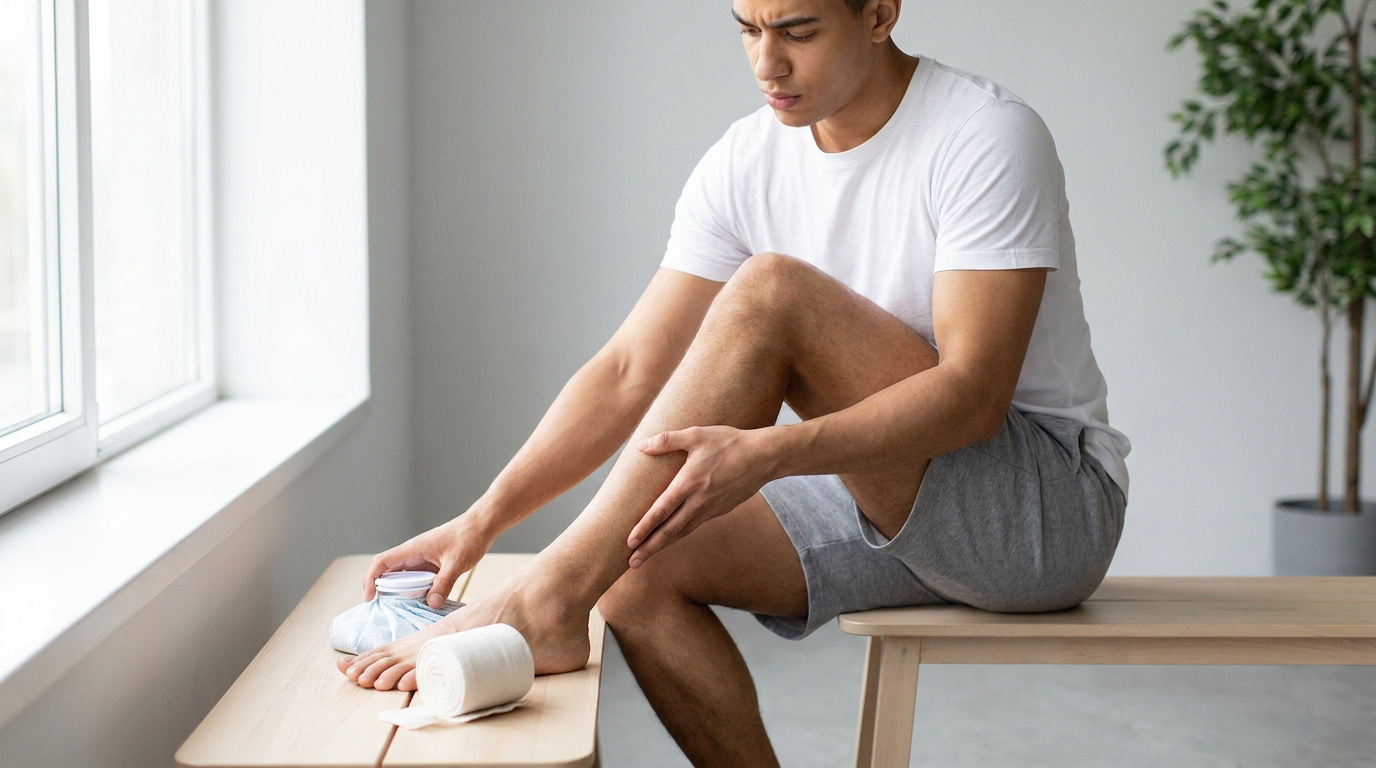 Un jeune homme applique une poche de glace sur son mollet douloureux pour soulager une blessure musculaire.