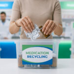 Une personne dépose des plaquettes et flacons de médicaments dans une boîte de recyclage en pharmacie.