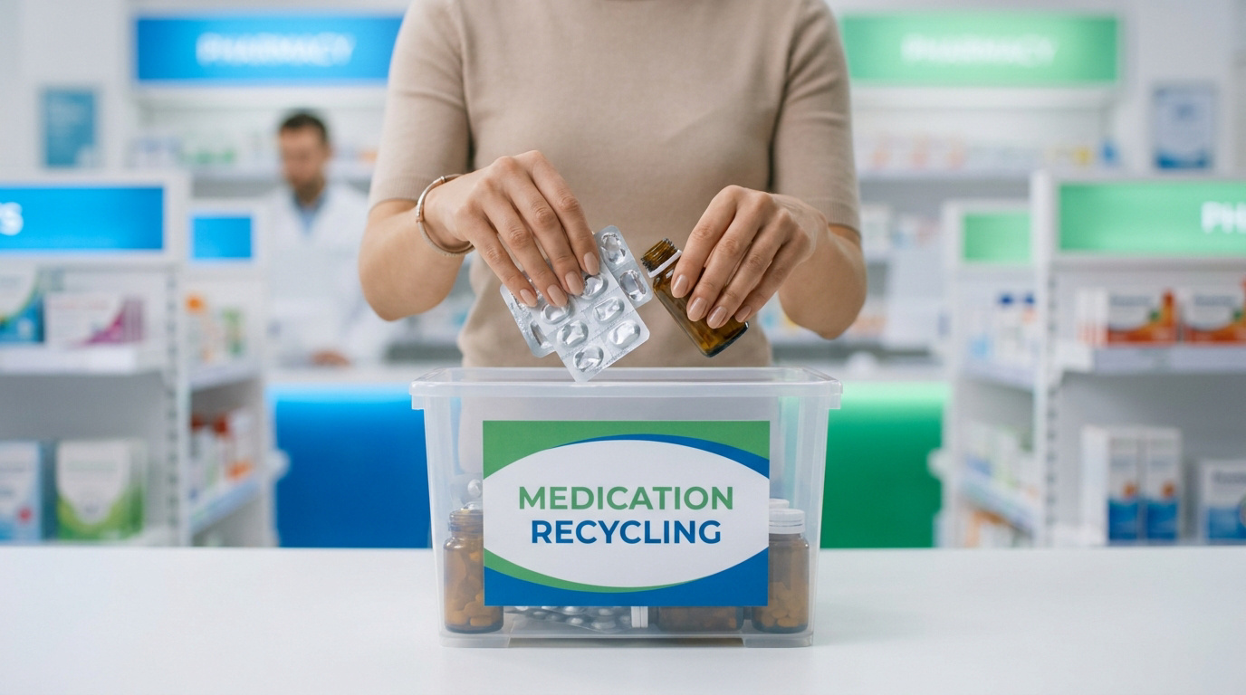 Une personne dépose des plaquettes et flacons de médicaments dans une boîte de recyclage en pharmacie.