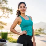 Femme athletique souriante au lever du soleil