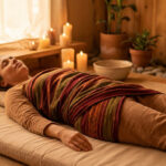 Une femme allongée sur un tapis, enveloppée dans un châle traditionnel rebozo lors d'un rituel de relaxation.