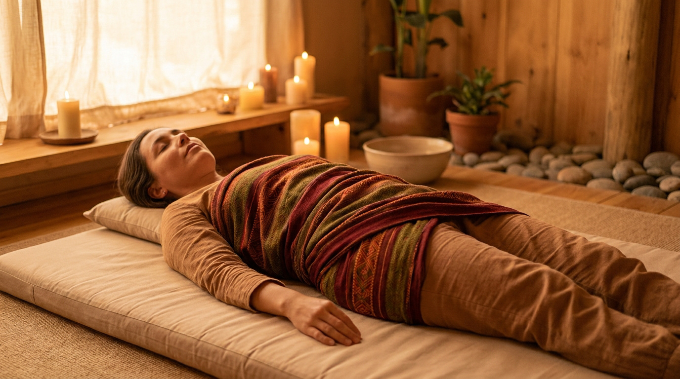 Une femme allongée sur un tapis, enveloppée dans un châle traditionnel rebozo lors d'un rituel de relaxation.