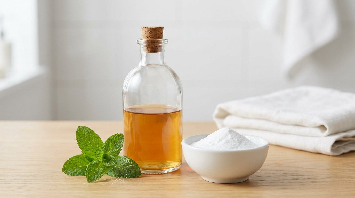 Bouteille en verre, bol de bicarbonate et feuilles de menthe sur une table en bois dans une salle de bain.